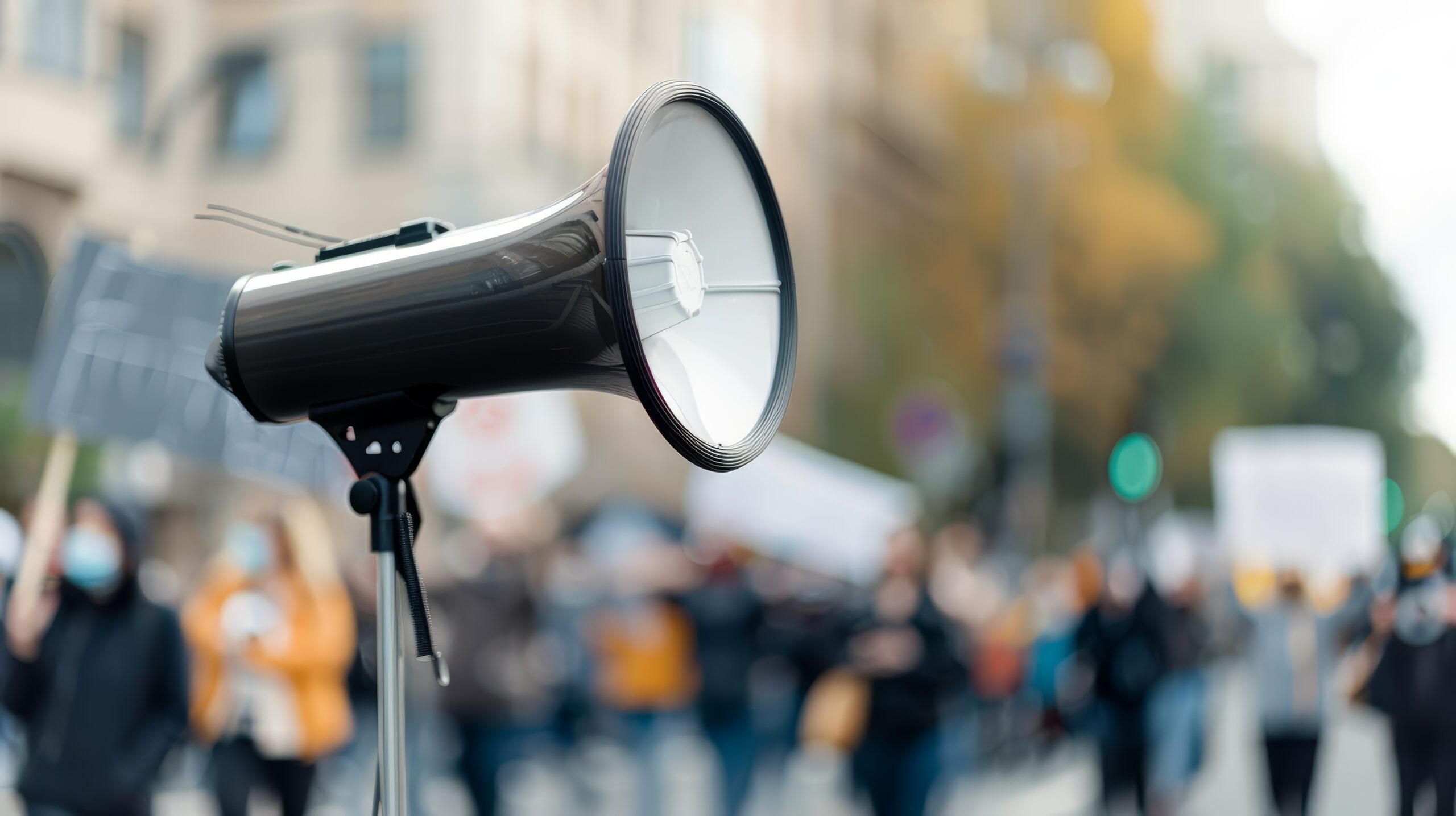 A megaphone in front of a crowd