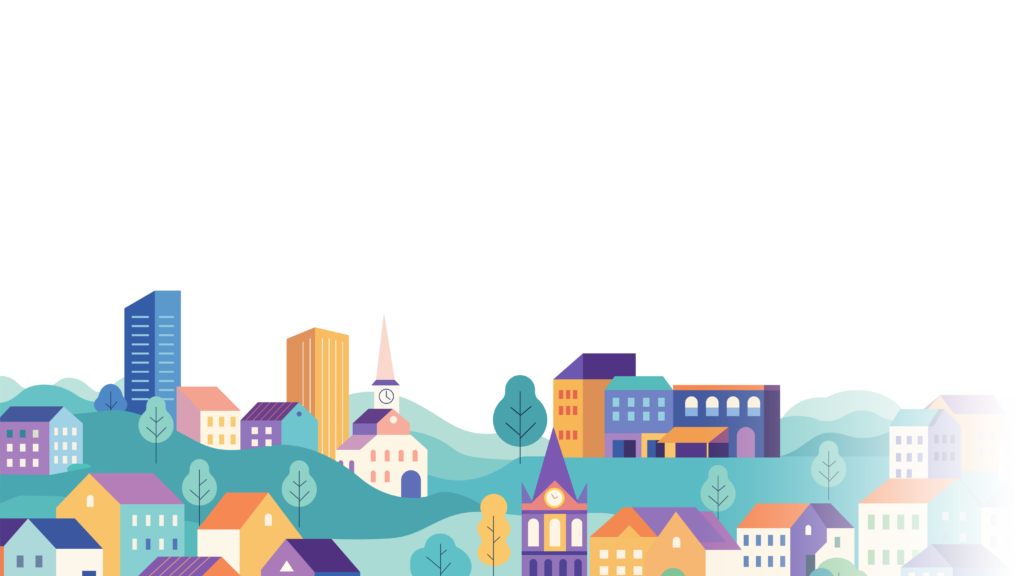 An illustration of buildings and rolling hills